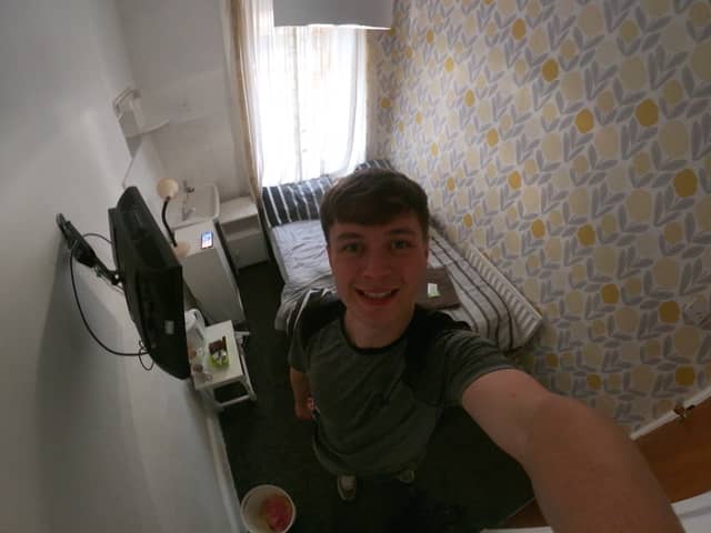 George Redfern, 21, stayed in the cheapest hotel in the UK for £16 a night. Pictured at the Coco Beach Hotel, in Blackpool.