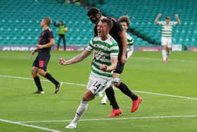 Celtic midfielder David Turnbull celebrates scoring the opening goal against FK Jablonec. (Photo by Ian MacNicol/Getty Images)