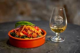 Vegan tapas dishes from Mono paired with SMWS whiskies. Jackfruit tibs paired with 1.232 Sweet, Fruity & Melllow. Picture: Peter Sandground