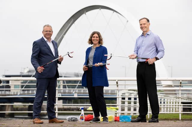 A new litter picking campaign has been launched by Keep Scotland Beautiful CEO Barry Fisher, Councillor Anna Richardson and franchise owner Andy Gibson. Pic: Alan Harvey/SNS Group