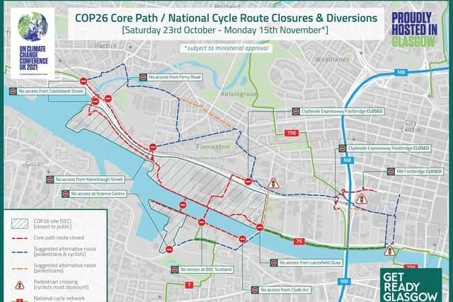 Cycle path closures are shown in red with alternative routes in blue. Picture: GetReadyGlasgow