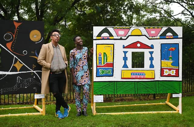 Artists, Mark Abgbi Tremaine Okata and Grace Browne at the art installation in Glasgow Green. Picture: John Devlin