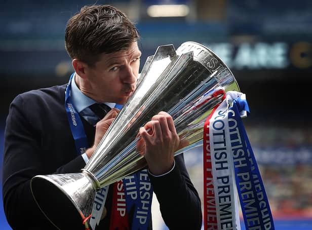 <p>Steven Gerrard celebrates Rangers’ Scottish Premiership triumph. Picture: Ian MacNicol/Getty Images</p>