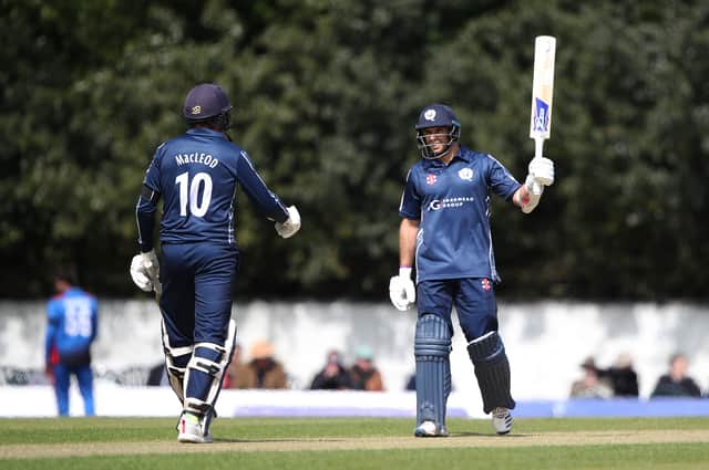 Scotland captain Kyle Coetzer celebrates 50 runs during the Summer International between Scotland and Afghanastan at The Grange Club on May 10, 2019 in Edinburgh, Scotland. (Photo by Ian MacNicol/Getty Images)