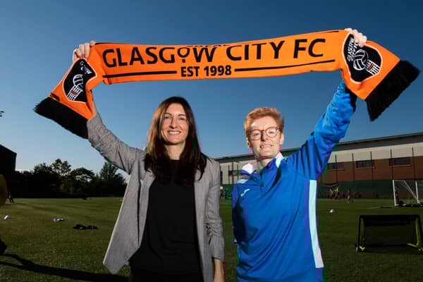 New Glasgow City head coach Eileen Gleeson is unveiled to the media alongside Chief Executive Laura Montgomery 