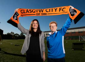 New Glasgow City head coach Eileen Gleeson is unveiled to the media alongside Chief Executive Laura Montgomery 