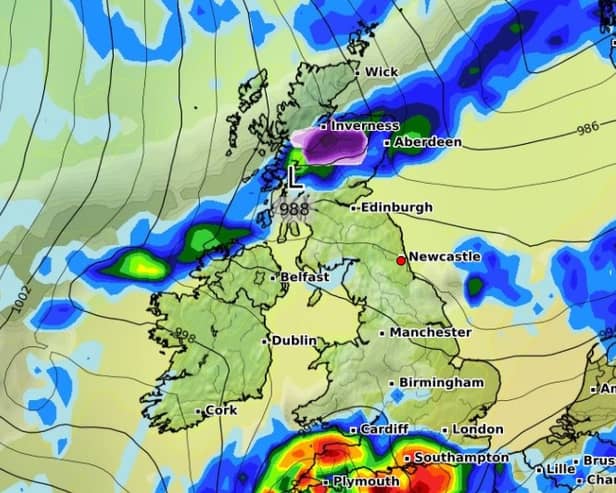 The purple coloured section on the map denotes where snow is expected to fall overnight.