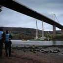 Greenpeace ship Rainbow Warrior sails up the River Clyde to COP26 on November 1, 2021.