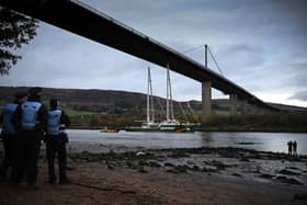 Greenpeace ship Rainbow Warrior sails up the River Clyde to COP26 on November 1, 2021.