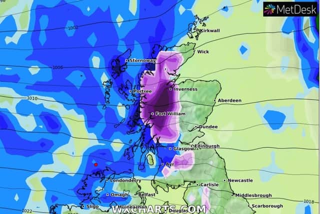The purple section denotes where the snow is predicted to fall on 