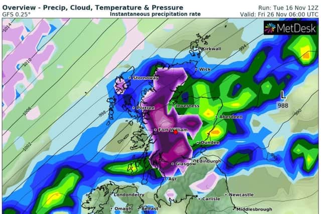 The purple coloured sections denote where snowfall is predicted to fall. Also, the darker the purple the deeper the snow.