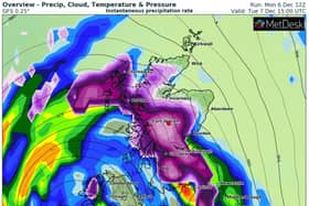 The purple section above Glasgow in this chart denotes snowfall at 3.00pm on Tuesday. (Image: WXCharts).