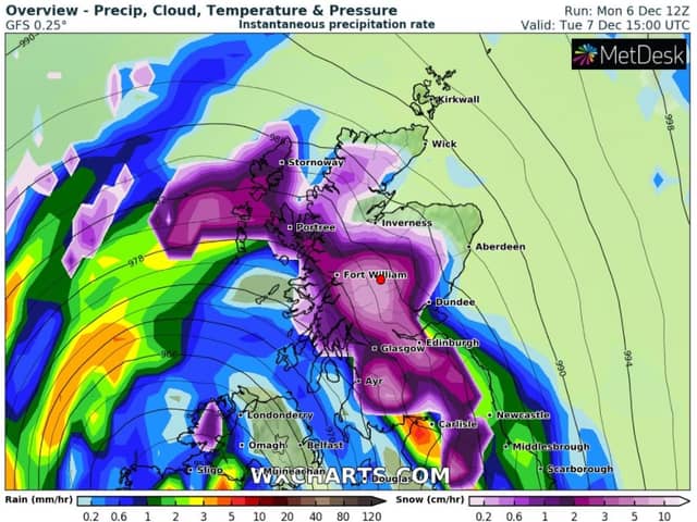 The purple section above Glasgow in this chart denotes snowfall at 3.00pm on Tuesday. (Image: WXCharts).