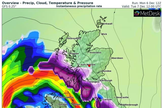 The purple section above Glasgow in this chart denotes snowfall at 12.00pm on Tuesday. (Image: WXCharts).