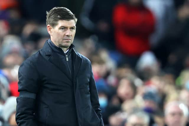 Steven Gerrard, Manager of Aston Villa looks on during the Premier League match between Liverpool and Aston Villa