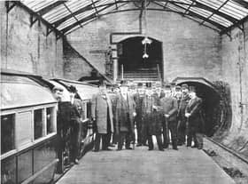 Officials gather for a photograph on the opening day of the Glasgow District Subway system. Picture: SPT