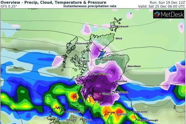 The purple section in this weather chart denotes heavy snowfall on Christmas Day. (Image: WXCharts)