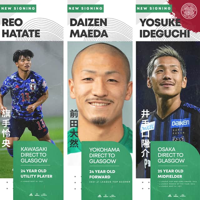 <p>Celtic have completed the signings of Japanese trio Daizen Maeda, Yosuke Ideguchi and Reo Hatate</p>