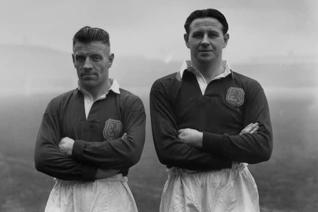 Jock ‘Tiger’ Shaw alongside Rangers team-mate Willie Waddell on Scotland duty 