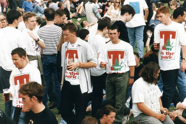 Music and beer lovers enjoy the first ever 'T in the Park' festival, at Strathclyde Country Park, Glasgow, August 1994