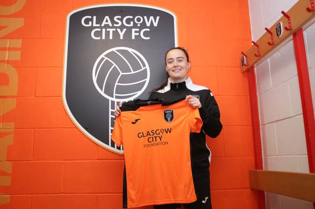 <p>Abbi Grant is unveiled as Glasgow City’s second January arrival after signing on loan from Leicester City (Image: Georgia Reynolds/Glasgow City FC) </p>