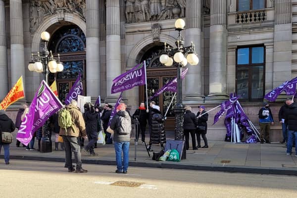 Workers protested outside Glasgow City Chambers.