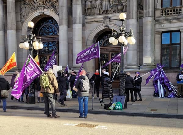 Workers protested outside Glasgow City Chambers.