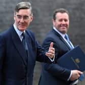 Former Leader of the House of Commons Jacob Rees-Mogg (L) and ex-Chief Whip Mark Spencer leave from 10 Downing Street (Photo by JUSTIN TALLIS/AFP via Getty Images)