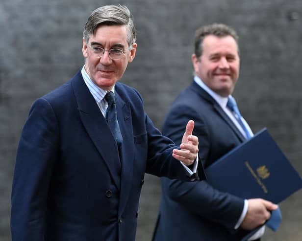 Former Leader of the House of Commons Jacob Rees-Mogg (L) and ex-Chief Whip Mark Spencer leave from 10 Downing Street (Photo by JUSTIN TALLIS/AFP via Getty Images)