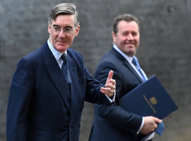 <p>Former Leader of the House of Commons Jacob Rees-Mogg (L) and ex-Chief Whip Mark Spencer leave from 10 Downing Street (Photo by JUSTIN TALLIS/AFP via Getty Images)</p>