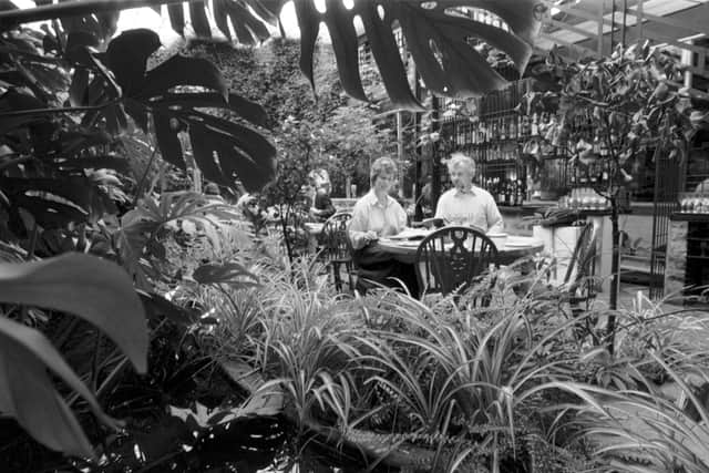 A couple eating in the Green Conservatory of The Ubiquitous Chip restaurant in Glasgow, May 1988.