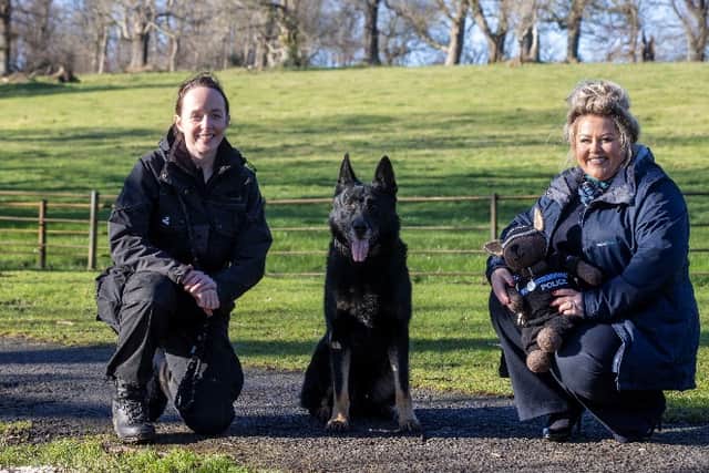 From left, Carrie-Ann McNab, Scottish Police Dog Memorial Fund; Bodie; Emma Ralton, Miller Homes Scotland West.