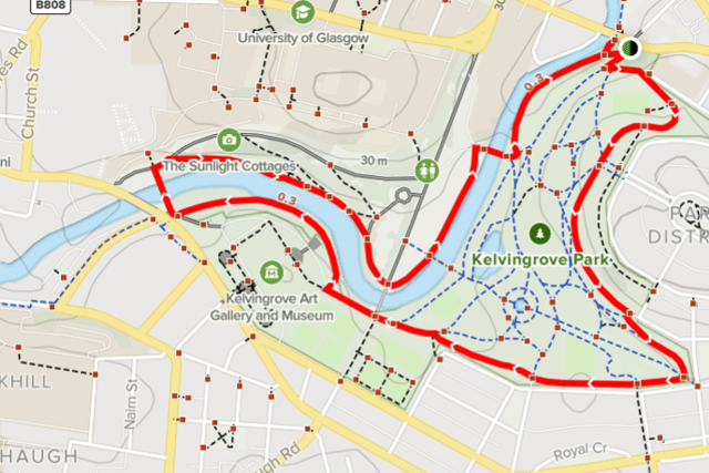 Map of Kelvingrove Park loop (Google Maps)