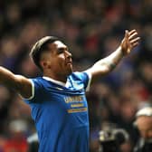 Alfredo Morelos celebrates Rangers’ second goal in their 3-0 first leg win over Belgrade. Credit: Getty. 