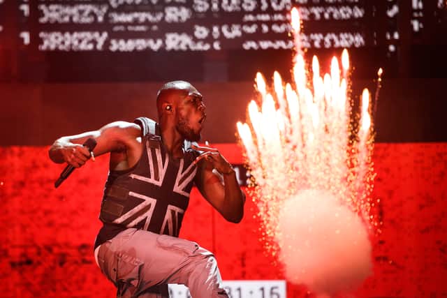 Stormzy performs in the headline slot on the Pyramid Stage on day three of Glastonbury Festival at Worthy Farm, Pilton on June 28, 2019 