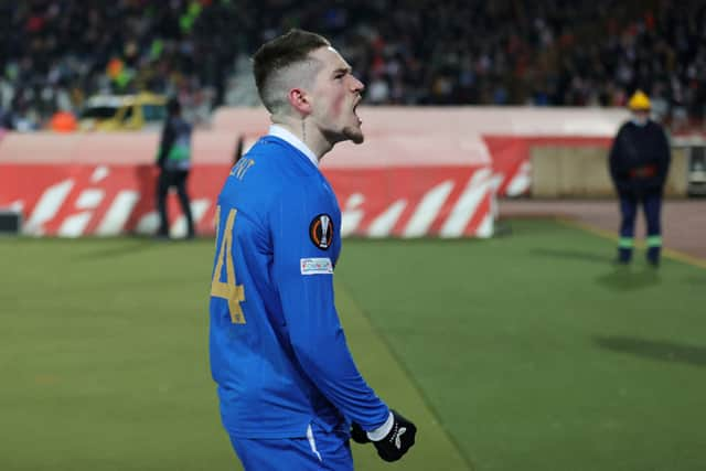 Ryan Kent celebrates after his goal against Red Star Belgrade.