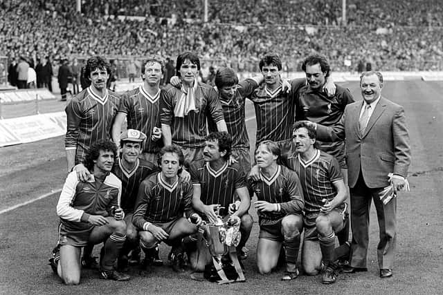 Liverpool and Bob Paisley celebrate their League Cup victory over Manchester United in 1983.