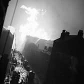 Arbuckle Smiths Whisky Bond in Cheapside Street near Anderston Quay in March 1960. Flames shoot high as the fire spreads.