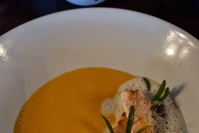 Muscade pumpkin soup with roasted langoustine.