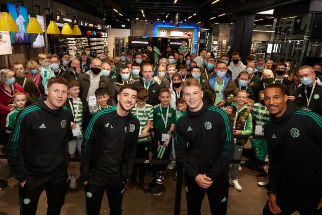 Celtic players Christopher Jullien, Mikey Johnston, James McCarthy and Stephen Welsh attend a meet and greet event hosted by JD in Glasgow on Thursday evening