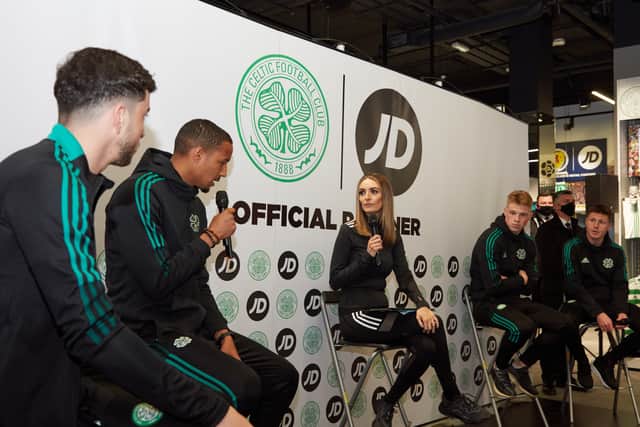 Celtic player Christopher Jullien speaks to host Connie McLaughlin at meet and greet event hosted by JD in Glasgow on Thursday evening