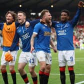 Alex Lowry (left) celebrates with Leon King, Scott Arfield and Amad Diallo during Rangers’ Scottish Cup Semi Final match with Celtic on April 17
