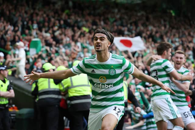 Jota celebrates scoring the opening goal of the Old Firm clash.