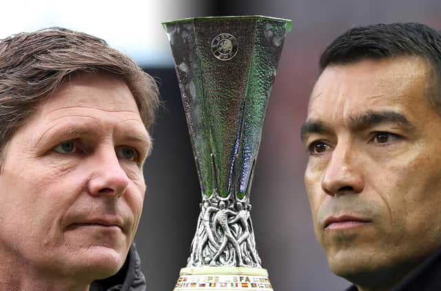 Oliver Glasner, Head Coach of Eintracht Frankfurt (L) and Giovanni van Bronckhorst, Manager of Rangers. Eintracht Frankfurt and Rangers FC meet in the UEFA Europa League final on May 18,2022 at the Estadio Ramon Sanchez Pizjuan in Seville, Spain