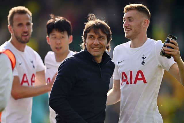 Antonio Conte celebrates with goalscorers Harry Kane, Son Heung-min and Dejan Kulusevski. Credit: BEN STANSALL/AFP via Getty Images