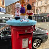 Knitted Platinum Jubilee decorations spotted on a post box on Dumbarton Road, Glasgow