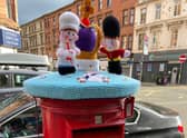 Knitted Platinum Jubilee decorations spotted on a post box on Dumbarton Road, Glasgow