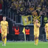 Erik Botheim (centre) of FK Bodo/Glimt celebrates after scoring their team's second goal during the UEFA Europa Conference League group C match between AS Roma and FK Bodo/Glimt at Stadio Olimpico on November 04, 2021 in Rome, Italy.