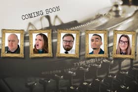 Gold framed portraits of Dara Ó Briain, Fern Brady, John Kearns, Munya Chawawa, and Sarah Millican, with zoomed in washed out image of a typewriter behind them (Credit: Avalon)