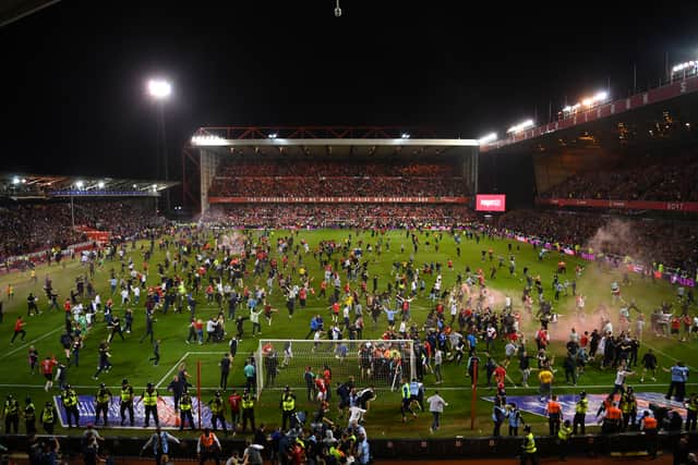 A mass fan pitch invasion took place after Sheffield United’s Championship play-off loss to Nottingham Forest last month. Picture: Michael Regan/Getty Images
